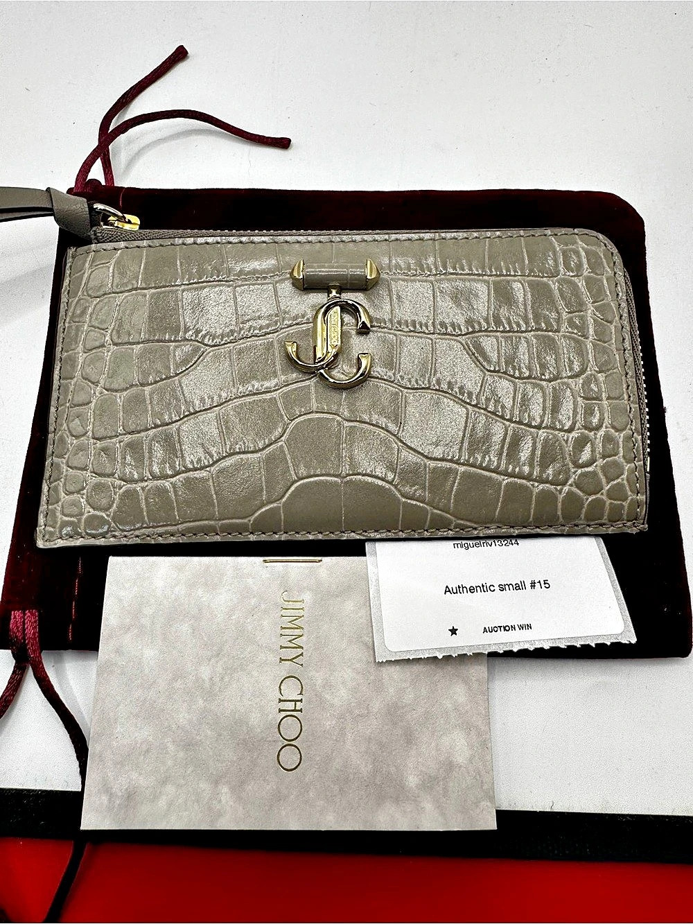 Jimmy Choo JC Logo Croc-Embossed Leather Zip Card Case Gray
